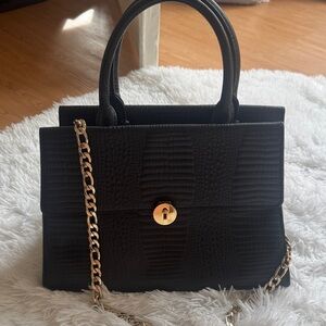 Henri Bendel Black Tote Satchel with Gold Chain